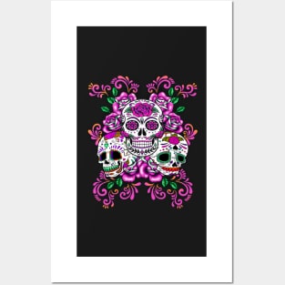 Triple Skull Pink Floral Day Of The Dead Sugar Skulls Posters and Art